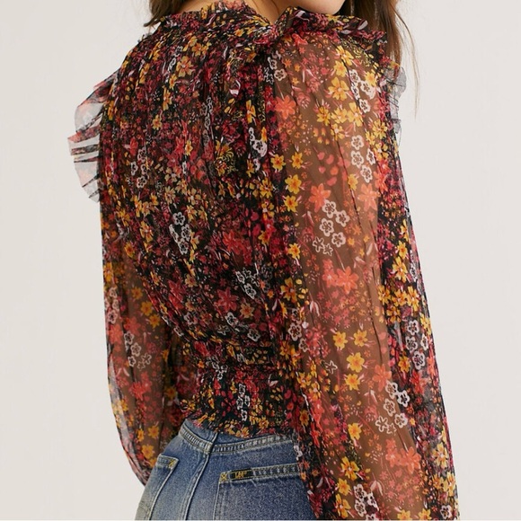 Free People Women’s Twyla Smocked Cropped Black Floral Sheer Blouse Top, Large - Picture 7 of 9